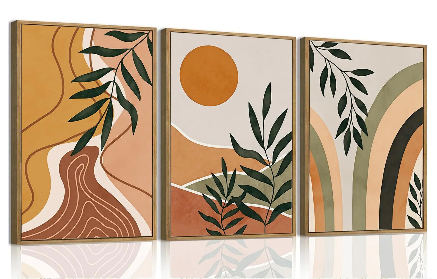 Framed Boho Canvas Wall Art Mid Century Modern Prints Set of 3 Neutral Geometric Line Leaf Paintings Decor Minimalist Abstract Pictures Bedroom Living Room Bathroom