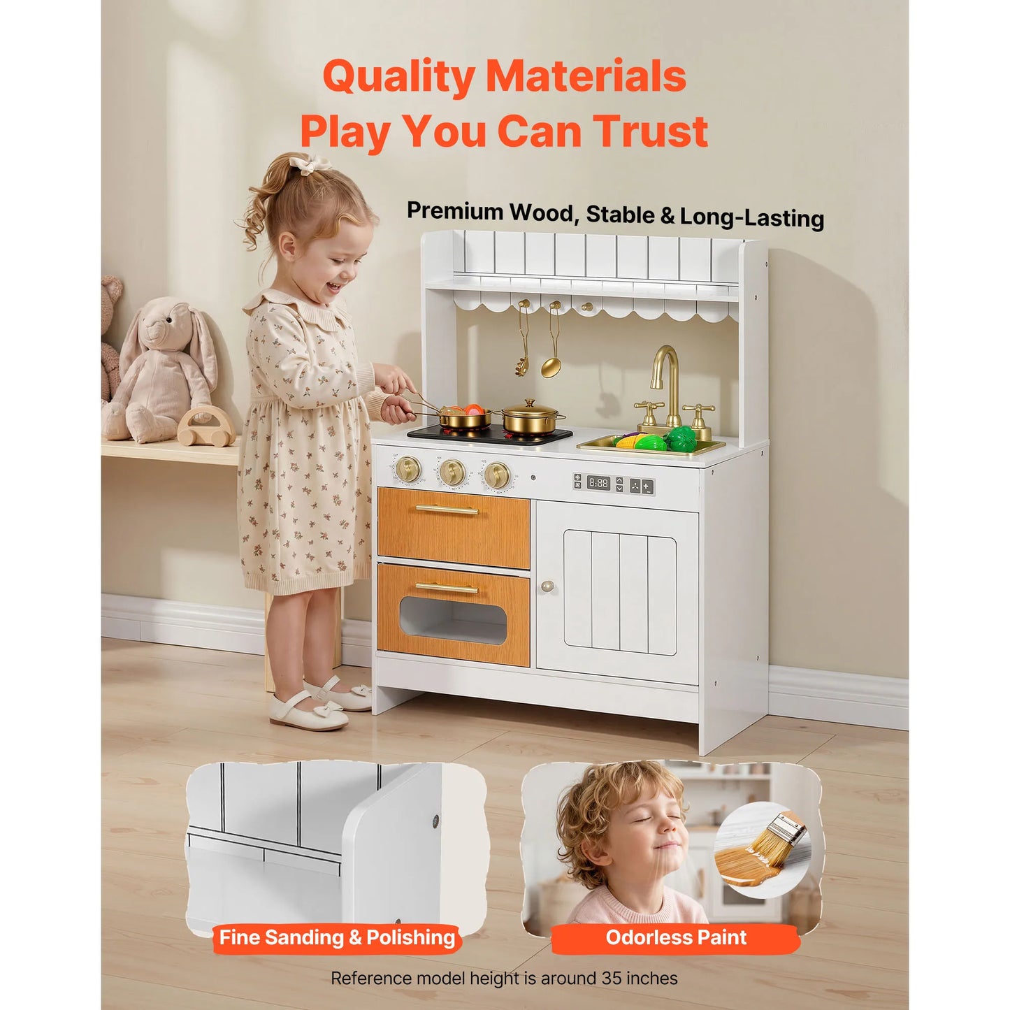 SucceBuy Wooden Kids Kitchen Playset with Lights Sounds & Cookware Accessories Pretend Play Kitchen Toy Set for Toddlers Girls