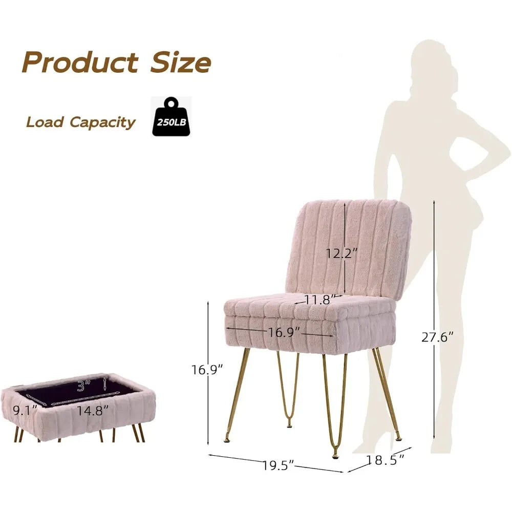 Storage Ottoman Chair with Fold Back Faux Fur Seat Metal Legs Anti Slip Feet for Bedroom Dressing Room