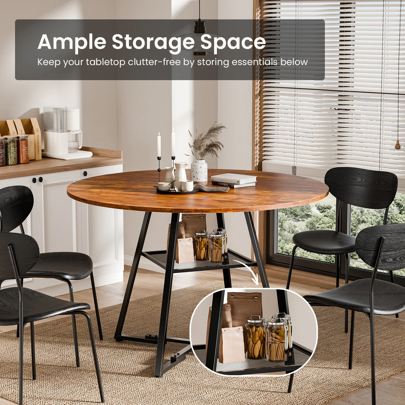 JHK 42IN to 47IN Round Dining Table for 4-6 Space Saving Kitchen Table with Dual-Tier Storage Pedestal Metal Frame Circle Dinner Table for Home Apartment