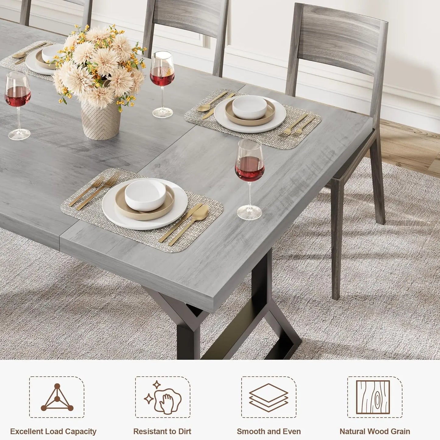 Rectangular Dining Table for 6 People,Farmhouse Wood Kitchen Tables with Metal Legs for Restaurant, Outdoor Table for Party