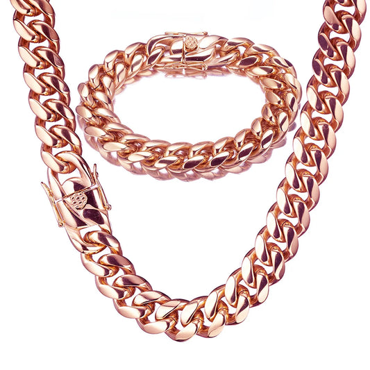 14mm Wide Rose Gold Color 316L Stainless Steel Cuban Miami Link Chains Necklaces for Unisex Hip Hop Rock Jewelry Gift