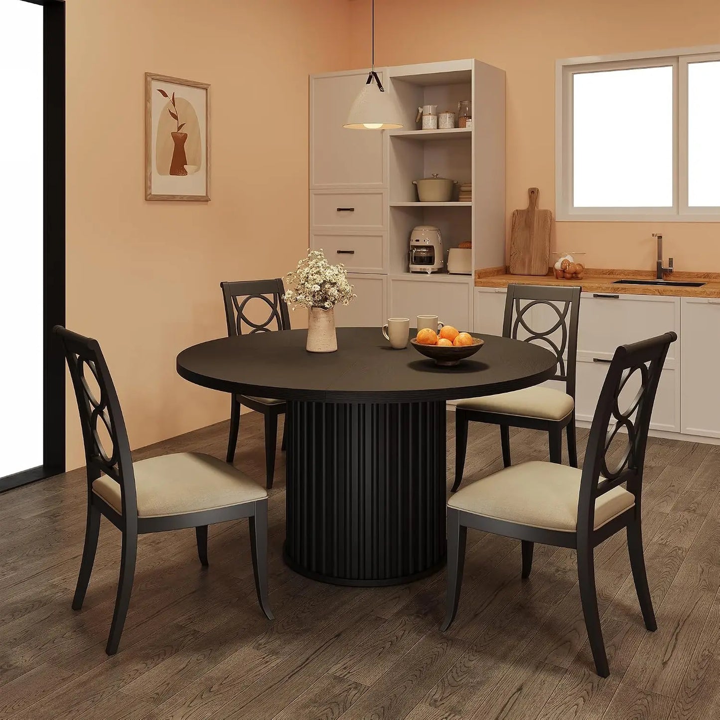 47.24 Inch Black Round Dining Table For 4 To 6 People Modern Fluted Barrel Base Made Of MDF And PB Sturdy Circle Dining Room Furniture And Kitchen Table