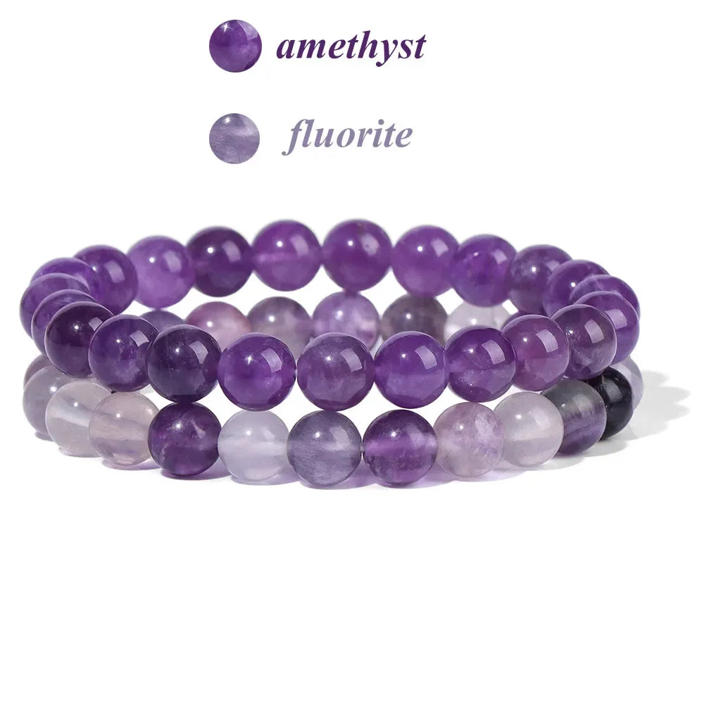 2Pcs Colorful Natural Stone Bead Bracelet Set 8MM Natural Agates Turquois Amethysts Quartzs Gem Stretch Bangle Jewelry Gift