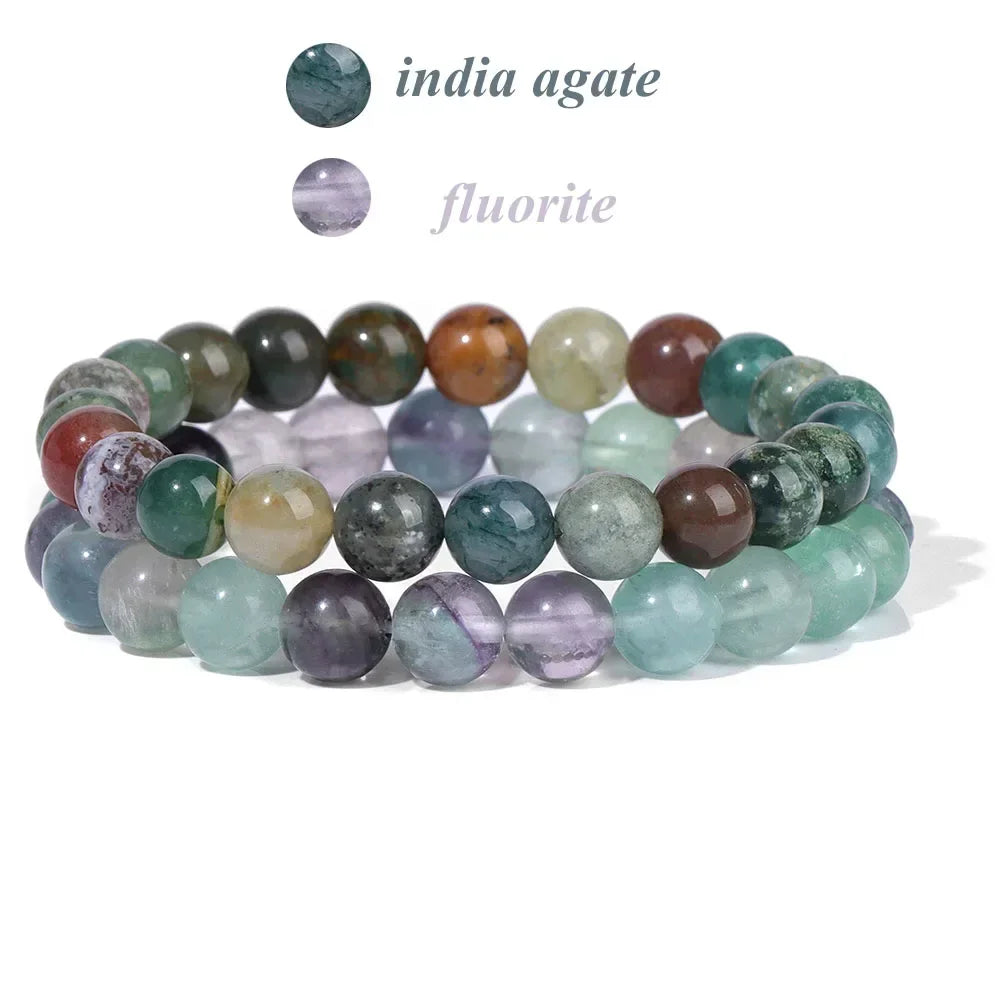 2Pcs Colorful Natural Stone Bead Bracelet Set 8MM Natural Agates Turquois Amethysts Quartzs Gem Stretch Bangle Jewelry Gift