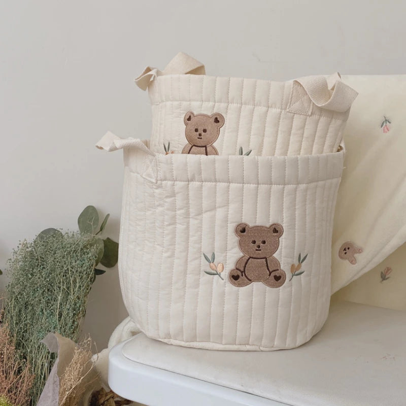 Cute Bear Embroidery INS Baby Bag Diaper Bag Caddy Nappy Cart Mummy Maternity Bag for Newborn - Storage Organizer for Toys And D
