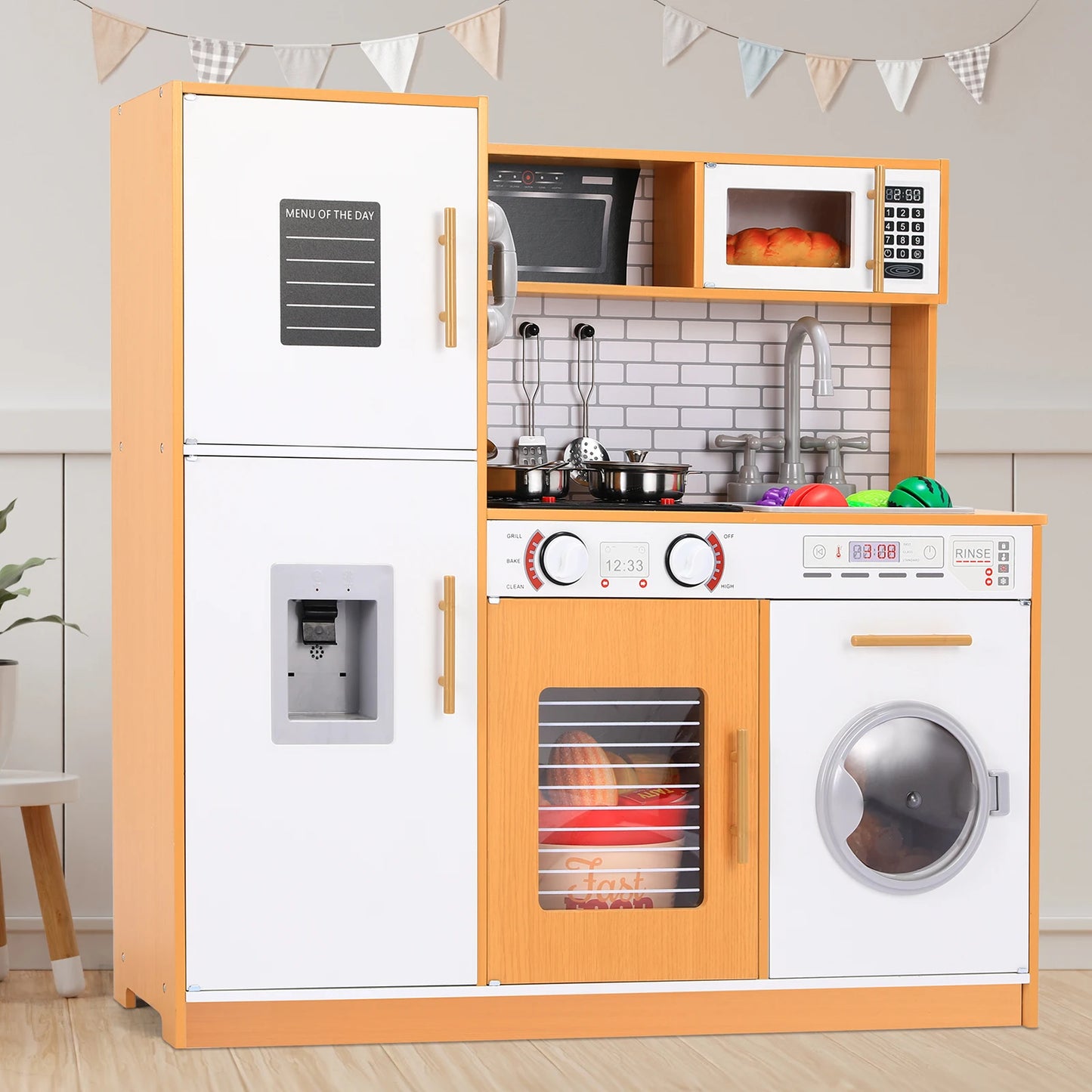Wooden Kitchen Toys Playset, Play Kitchen for Kids Chef Pretend Play Set for Toddlers w/ Real Lights & Sounds, Toy Food,Cookware