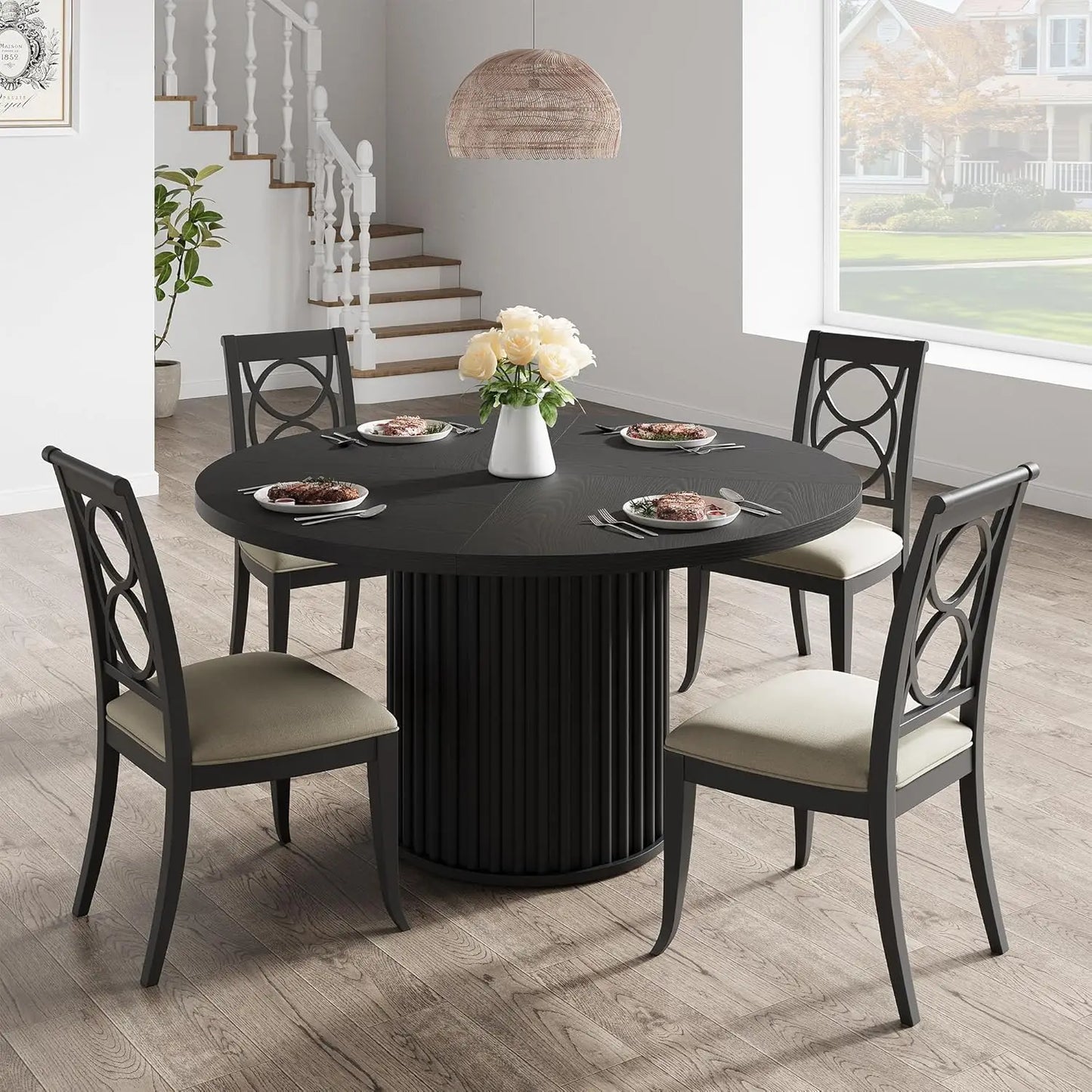 47.24 Inch Black Round Dining Table For 4 To 6 People Modern Fluted Barrel Base Made Of MDF And PB Sturdy Circle Dining Room Furniture And Kitchen Table