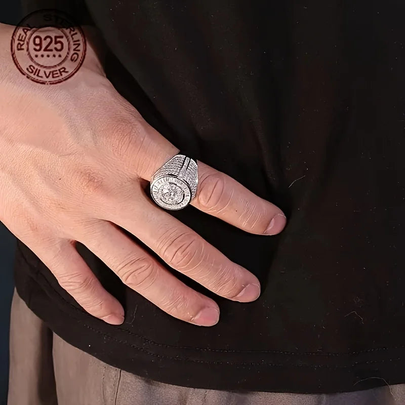 Luxury Men's Solid 925 Sterling Silver Circular Baguette Solitaire Ring Icy Large Pinky Rings Hip Hop Jewelry Gift For Husban