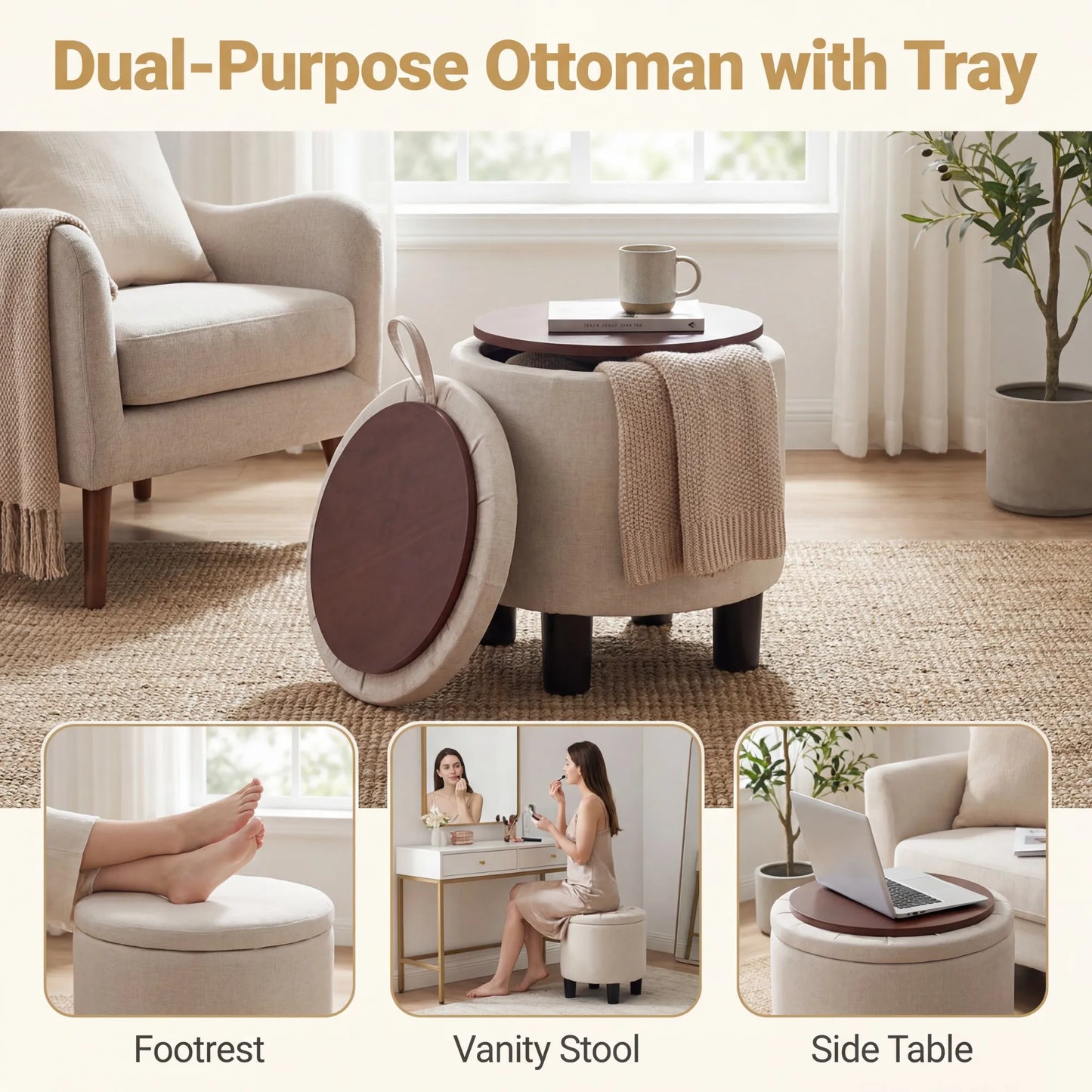 Round Storage Ottoman, Linen Fabric Upholstered Footrest Stool w/ Removable Lid