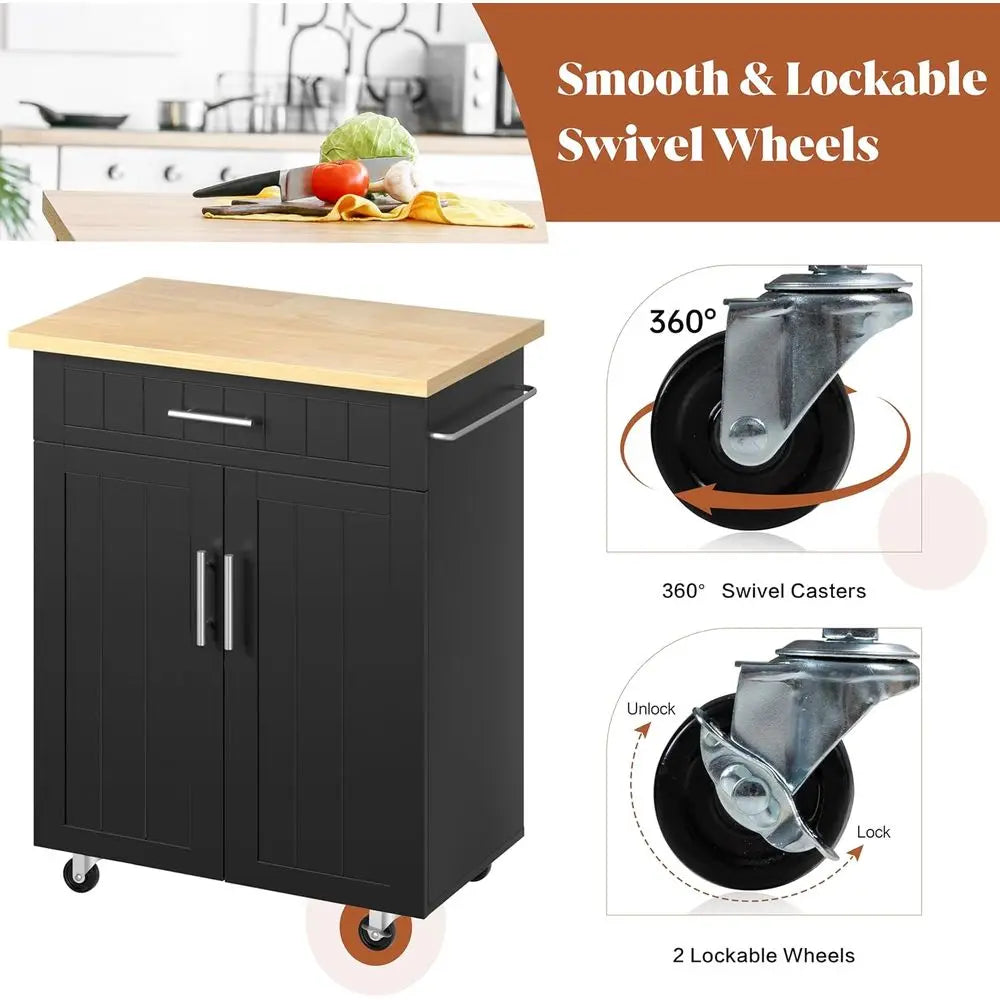 26 Rolling Kitchen Island Cart with Storage Cabinet, Towel Rack, and Mobility for Dining Room - Black