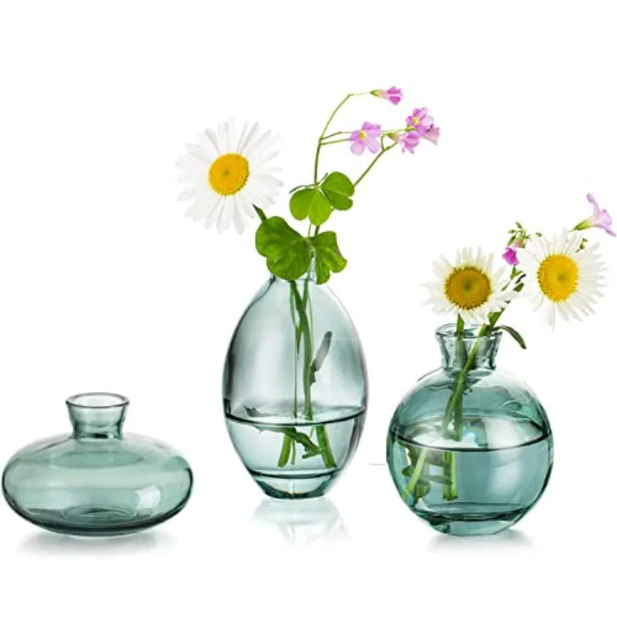 Glass Bud Vases Set of 3, Cute Small Vases Handmade, Mini Glass Flower Vase for Floral Arrangements, Tiny Centerpiece for Home