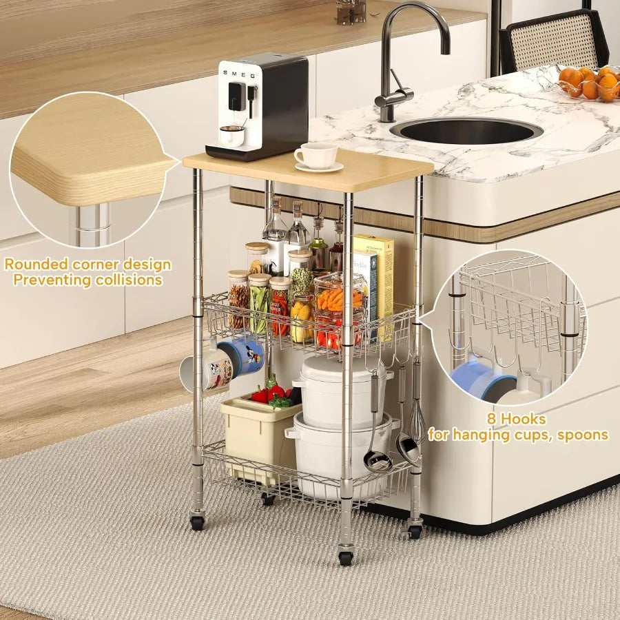 Homeiju Rolling Kitchen Storage Cart, 3-Tier Storage Rack On Caster Wheels With Adjustable 2 Baskets, Coffee Station Cart Rack S