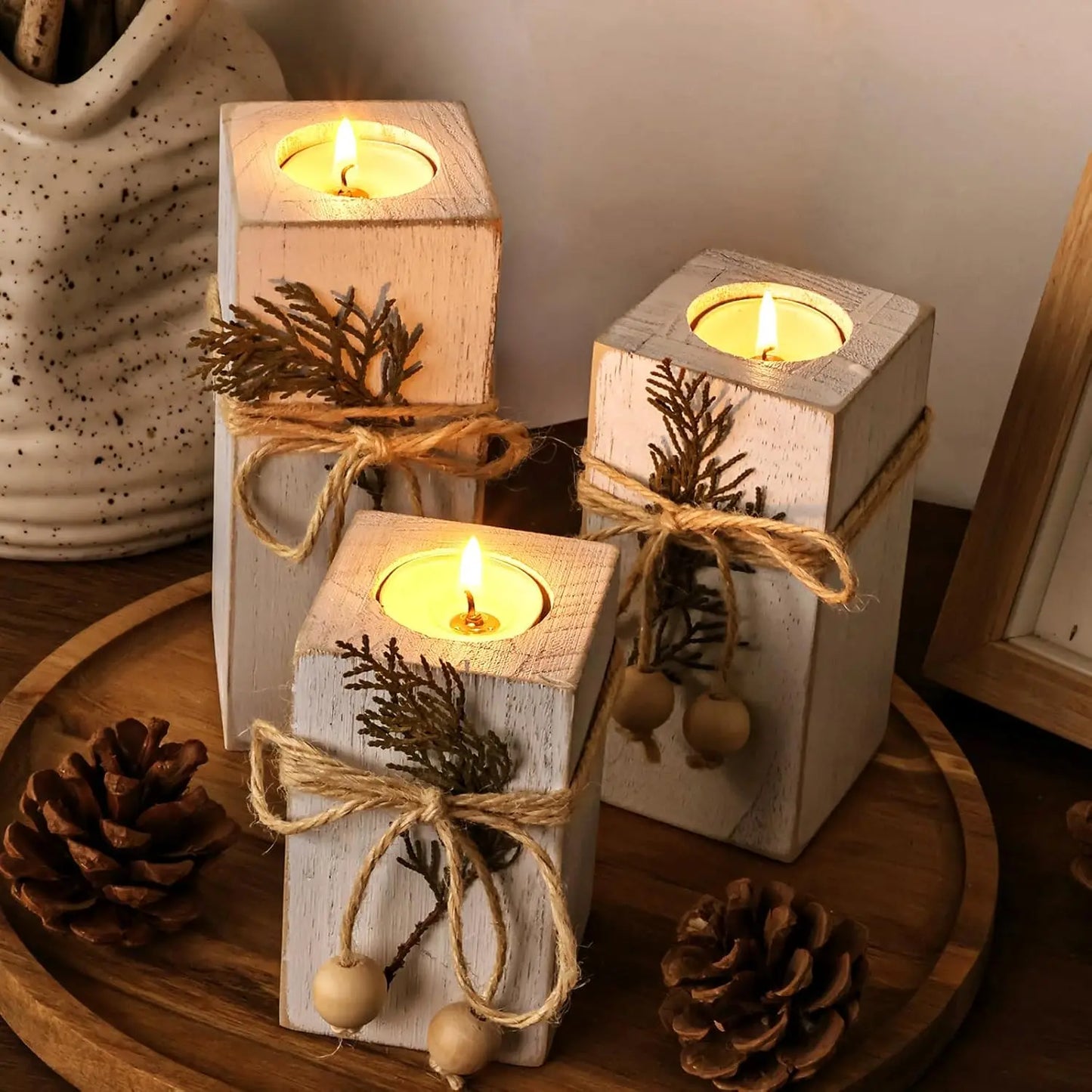 White Farmhouse Candle Holder with Flameless LED Candles Farmhouse Decor 3p| Wooden Candle Holders, White Rustic Farmhouse Decor With Battery Operated for for Valentines Holiday Party Home Decor