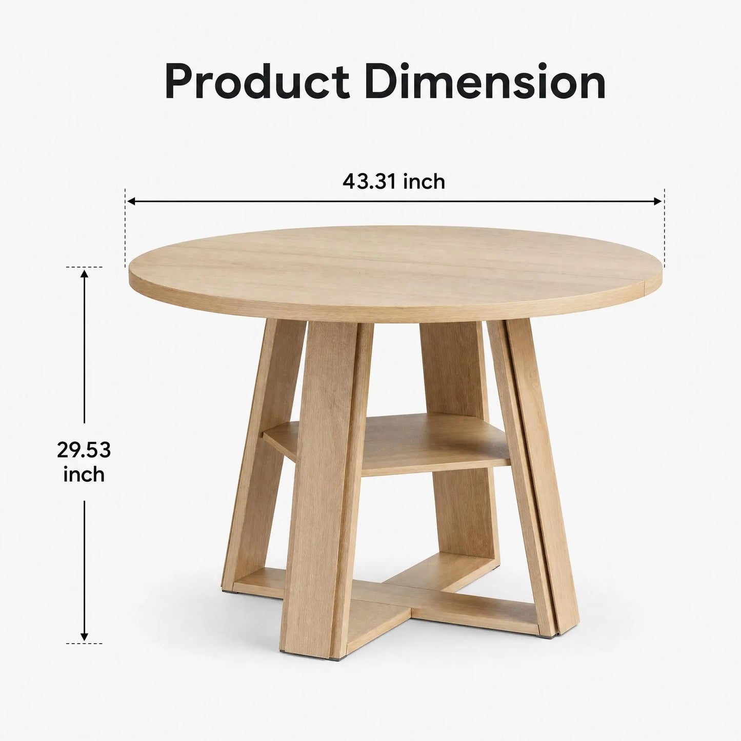 Modern Farmhouse 43'' Round Dining Table with Sturdy Wooden Pedestal, Extra Storage Shelf, Space-Saving for Kitchen & Dining Room, Seats 2-4，(Only table)