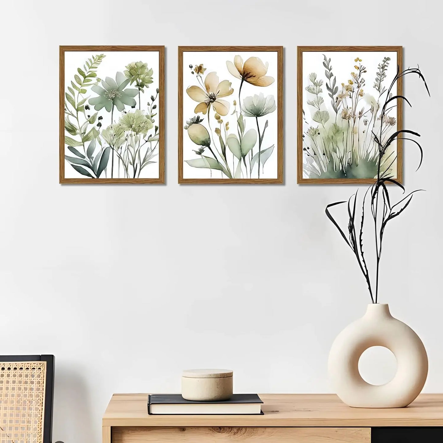Wood Framed Sage Green Botanical Wall Art Set of 3, Boho Floral Canvas Wall Decor Paintings, Minimalist Flower Posters Prints Pictures for Bedroom Bathroom Living Room Home Decor 12x16 Inch