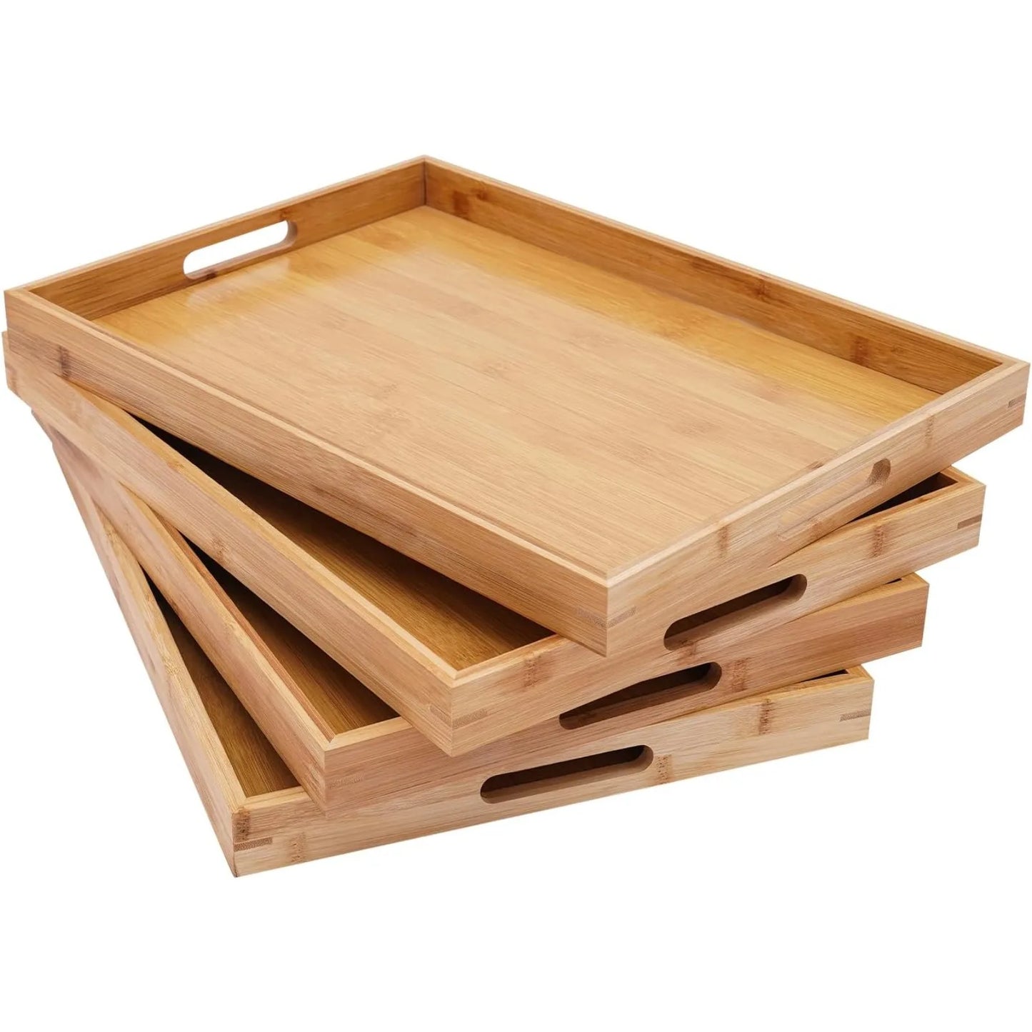4 Pack Bamboo Serving Trays With Handles Rectangular Wooden Platters Multi-purpose Breakfast Tea Snack Tray For Kitchen Living Room Indoor Outdoor Use
