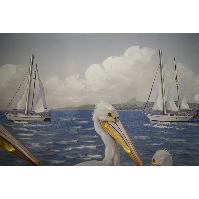 Large Blue Ocean Seagull Canvas Art for Living Room, Modern Coastal Seascape Wall Decoration, 22" x 44
