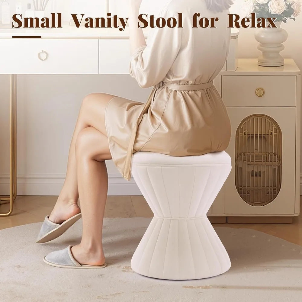 Versatile Velvet Ottoman, Upholstered Vanity Stool, Durable Round Footstool for Various Rooms, Beige