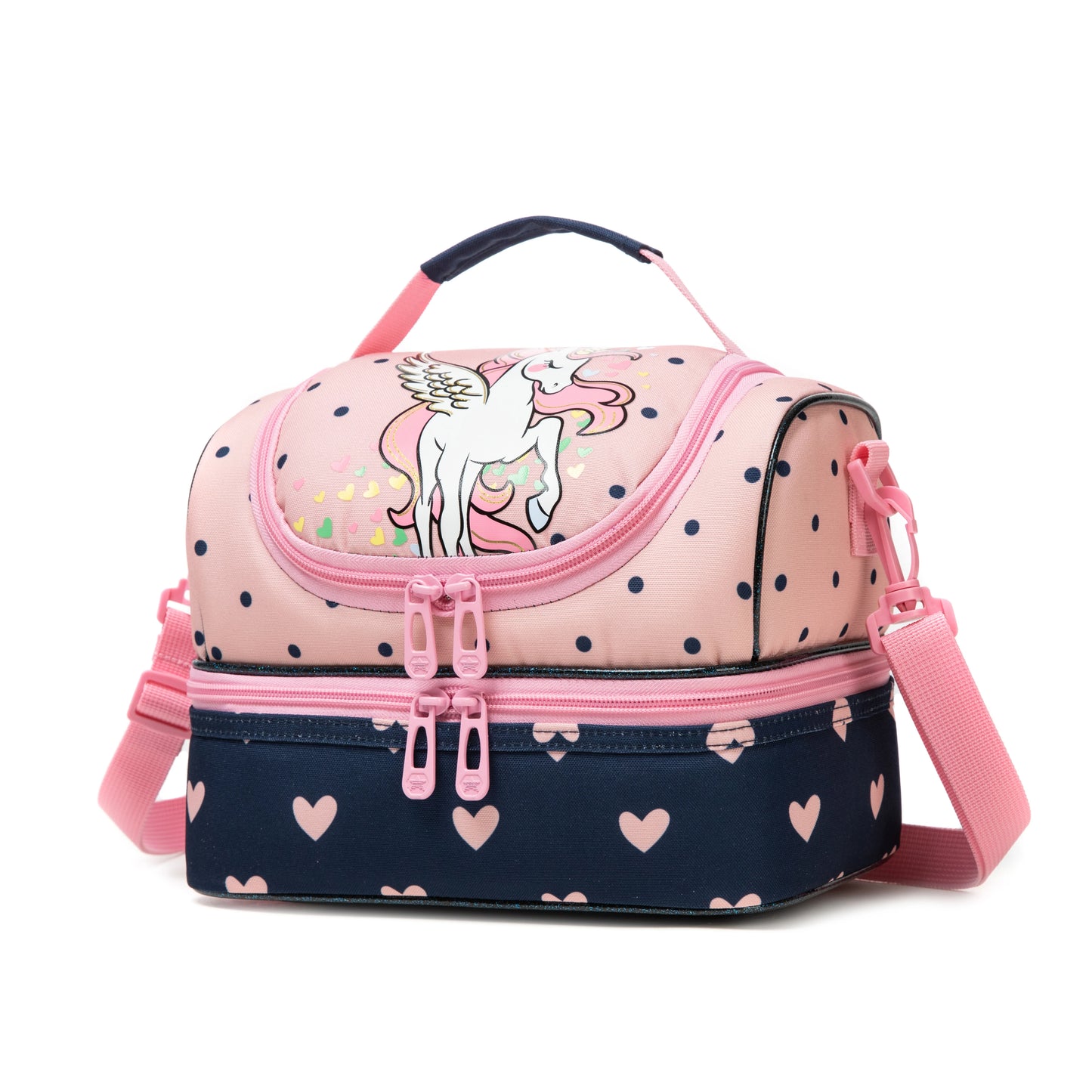 Girls Cute Unicorn Kitten Print Double Deck Lunch Bag Portable Handheld Insulated Food Bag Leakproof Washable Snack Container Bag
