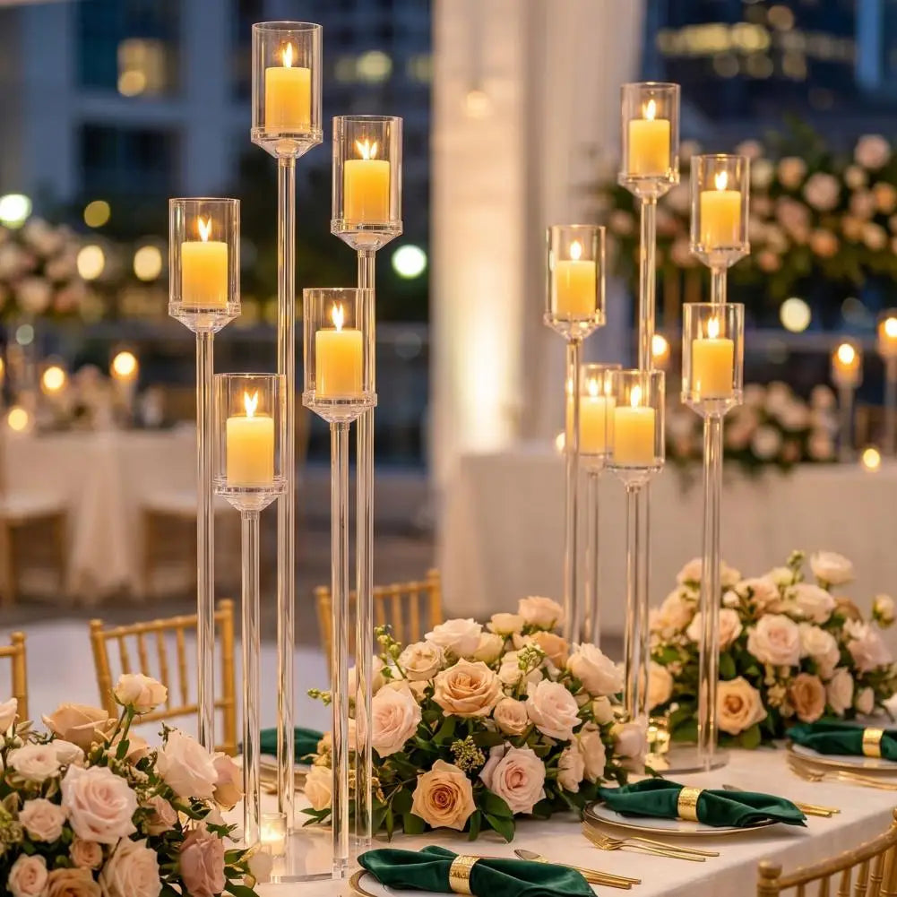 4Pcs Acrylic Tiered Candle Holder Set 3/5-Arm Clear Candelabra LED Centerpiece Romantic Dinner Party