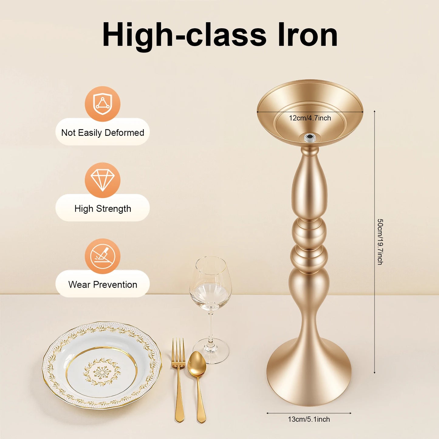 10-Pack Gold Candle Holder Set – Iron Electroplated – Trumpet Shape – 5.1"x19.7" Total – Tabletop – European Style – Rust-Resistant – Sturdy Base – for Wedding Birthday Party Home Decor – Gold