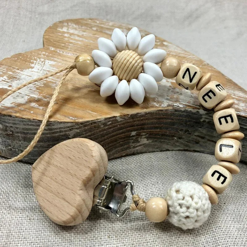 DIY Custom Name Silicone Beads Wooden Ring Pacifier Clips Safe Teething Chains Baby Teether Eco-friendly Dummy Beech Clips Gift