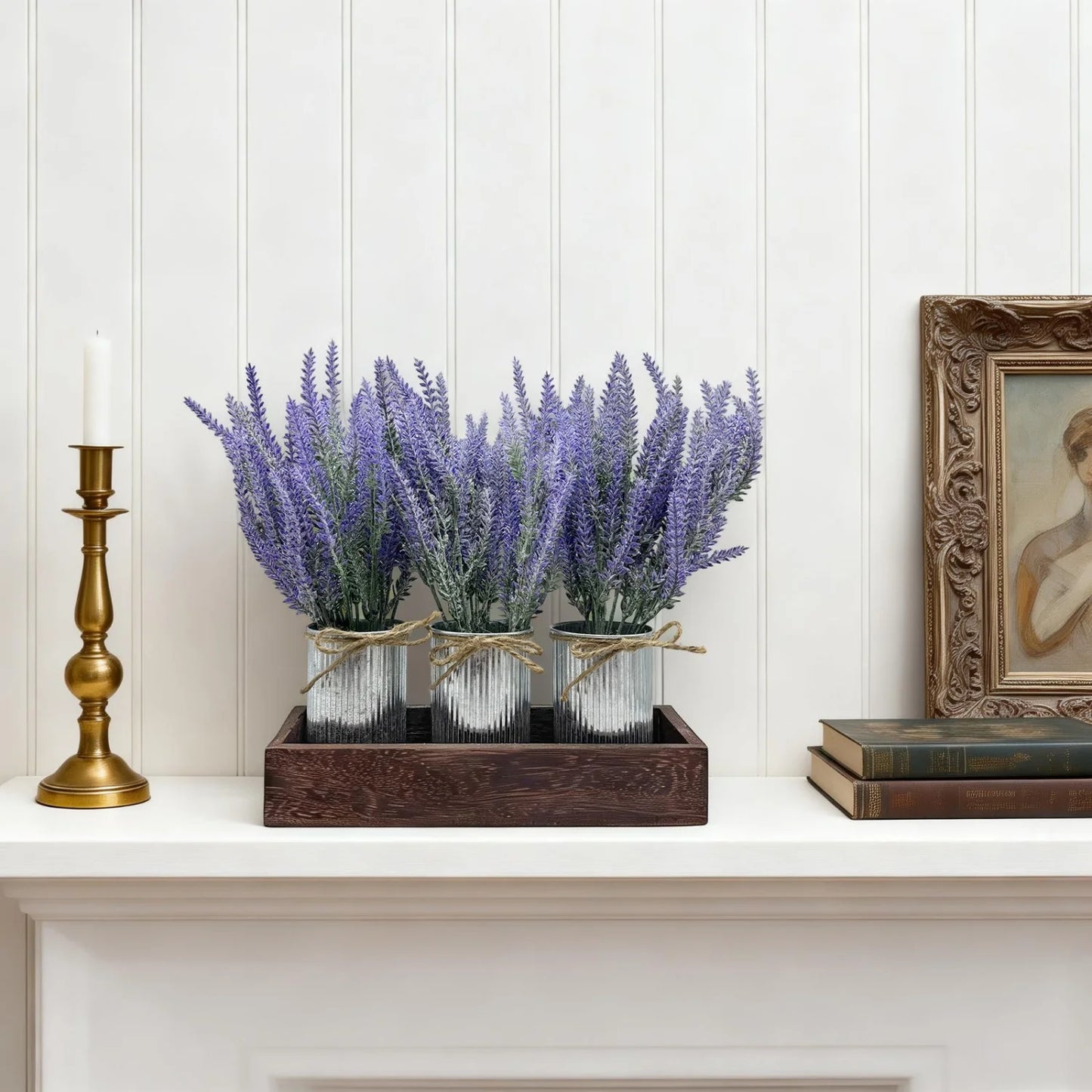 3-Piece Lavender Flowers Artificial with Decorative Wood Tray Set, Small Fake Lavender Plants in Galvanized Metal Pot, Faux Plant Dining Room Table Centerpiece for Kitchen, Coffee Table & Office