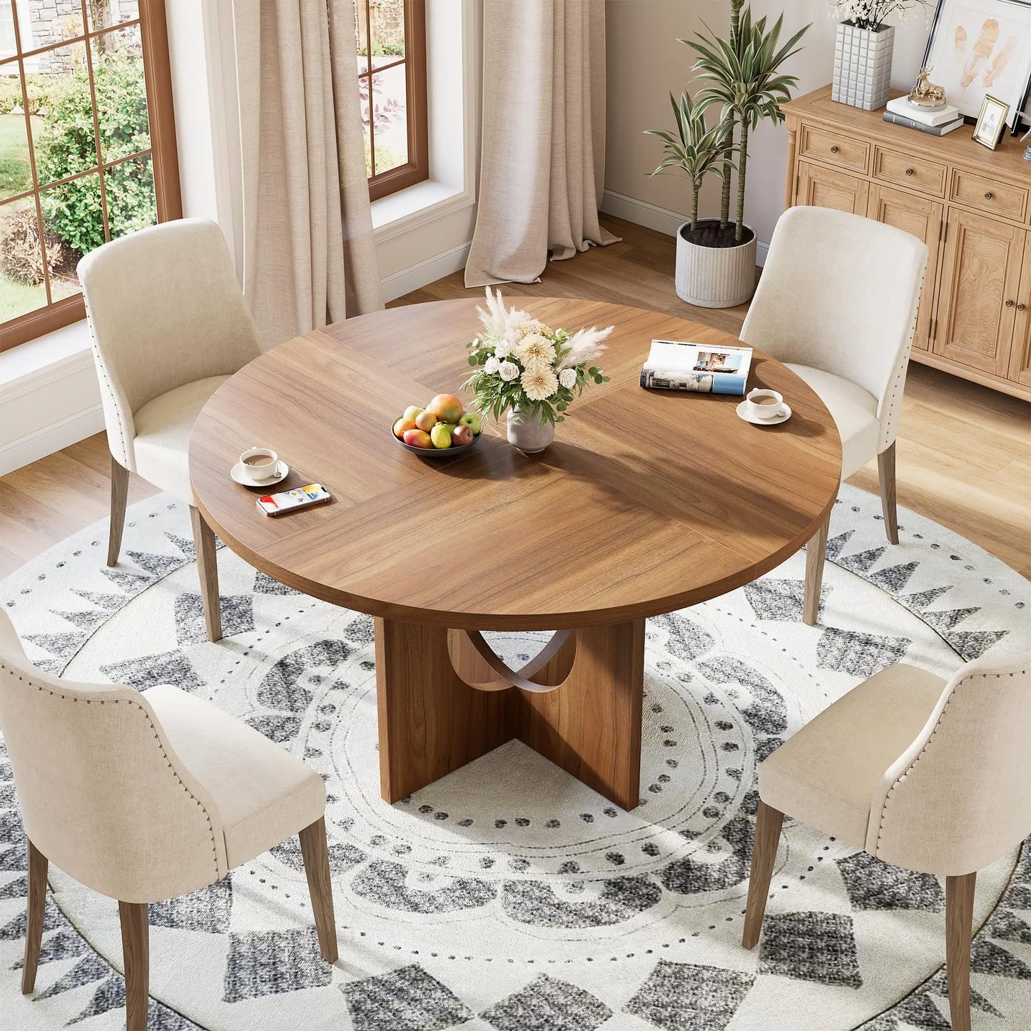 Round Dining Table for 4-6, Wood Dining Room Table, Kitchen Dinner Tables | 47.2'' Farmhouse Dining Room Table with Wooden Pedestal Base, Circle, for Living Room, Balcony, Apartment, O-Shape