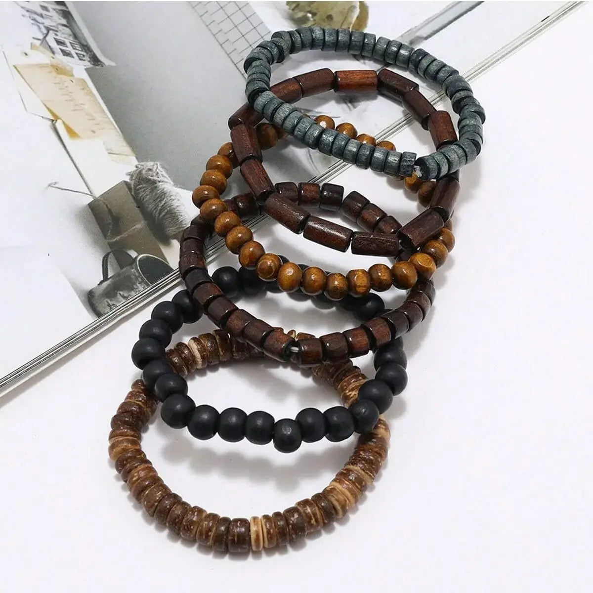 6PCS  Wodeen Braided Wrap Leather Bracelet for Men Vintage Life Wood Beads Fashion Male Armband