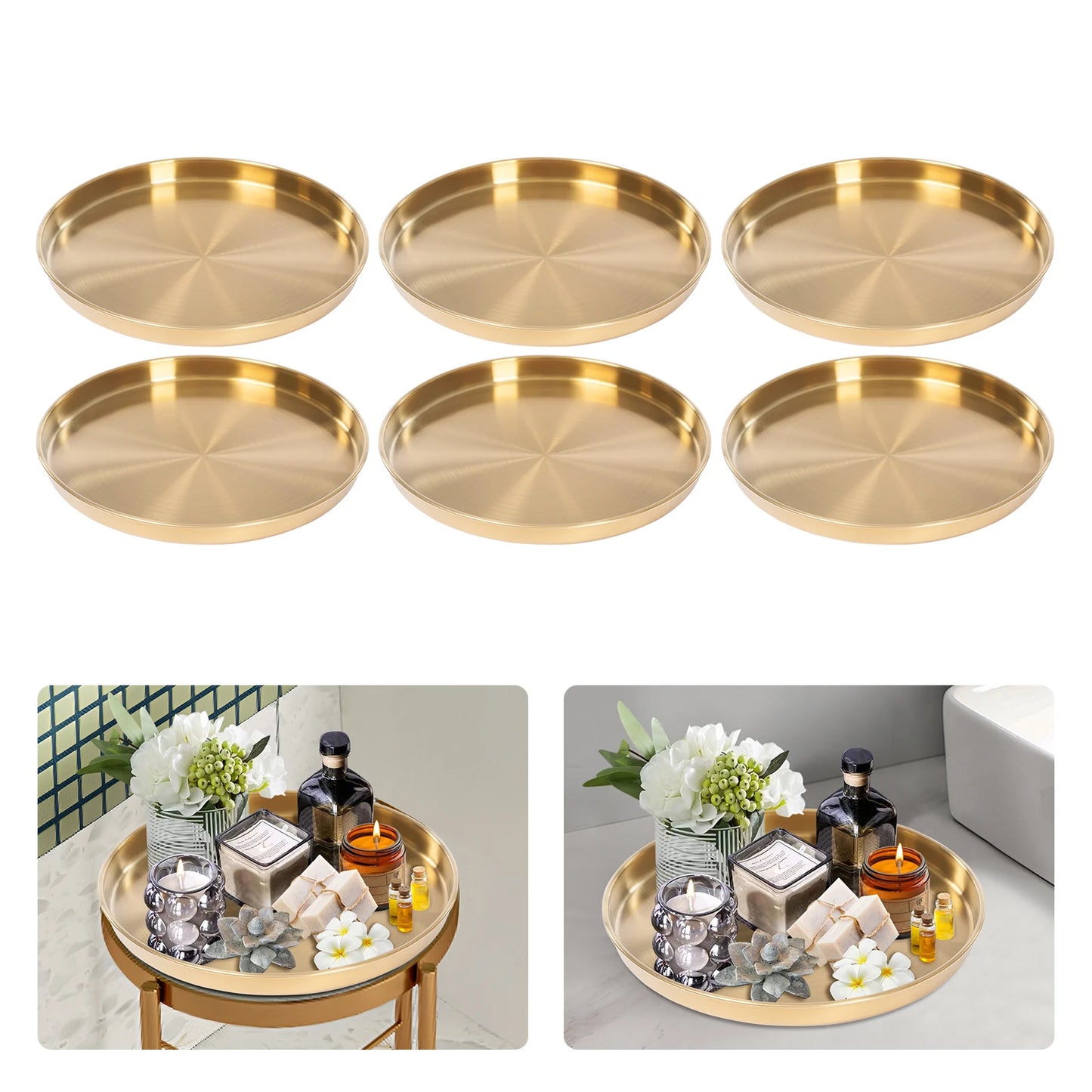 6Pcs Round Serving Trays, Stainless Steel Table Tray, Versatile Gold Decorative Tray Jewelry Display Tray Tea Service Tray NEW