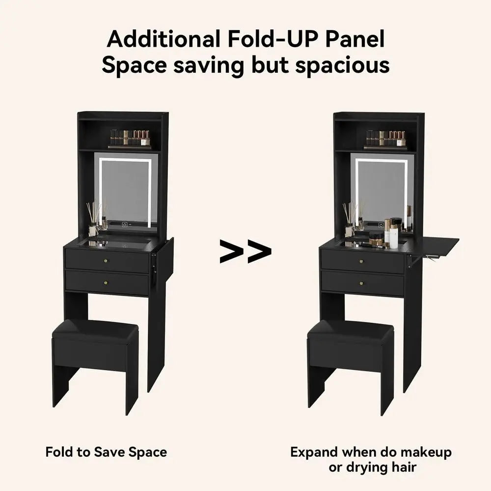 Table with Lighted Mirror and Stool, 3in1 Vanity Desk with 3Color LED Lights and 2 Drawers, FlipTop Hidden Storage Makeup Table