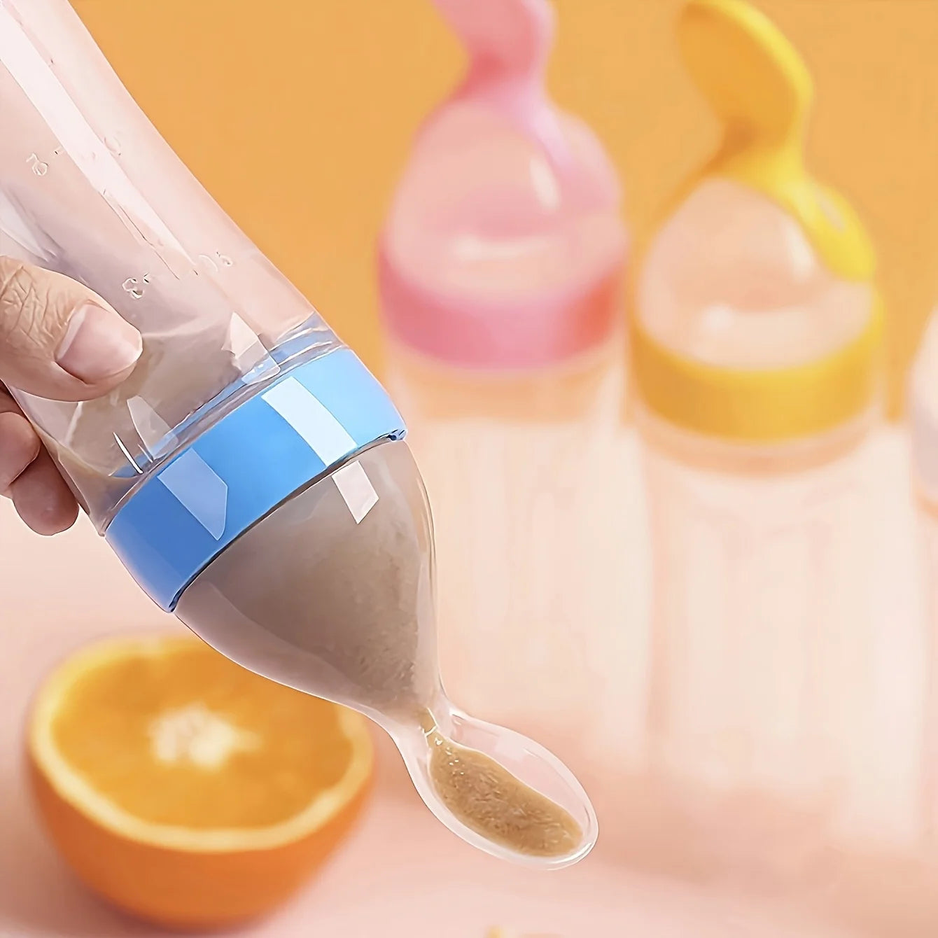 3pcs/2pcs 90ml/3oz Silicone Baby Bottle with Spoon Feeder and Suction Cup,Food Supplement Rice Cereal Squeeze Bottle Spoon Milk Feeding Bottle