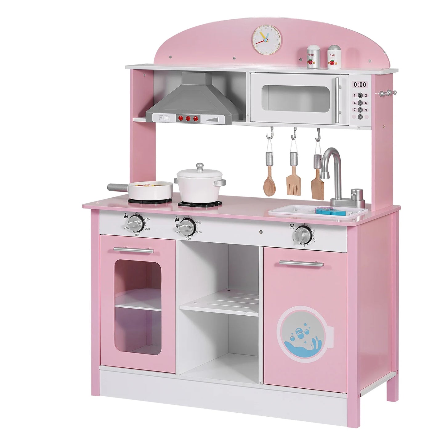 SucceBuy Wooden Play Kitchen Toy Set with Food & Cookware Accessories Pretend Kids Kitchen Playset for Toddlers Girls & Boys