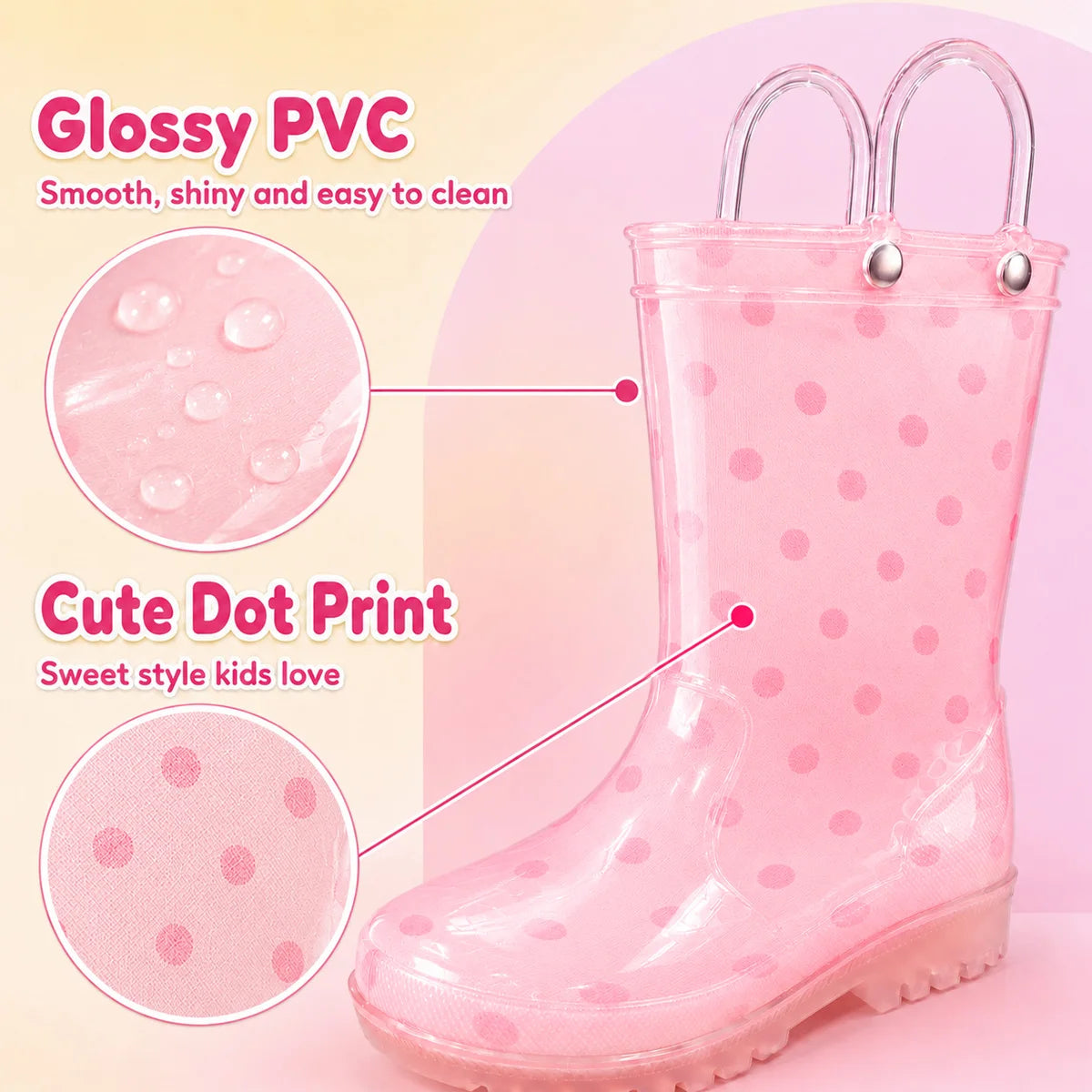 Kids Rain Boots with Pull Handles, Cute Cartoon Polka Dot Design, Girls Waterproof Wellies for Outdoor Water Play, Camping and Adventures