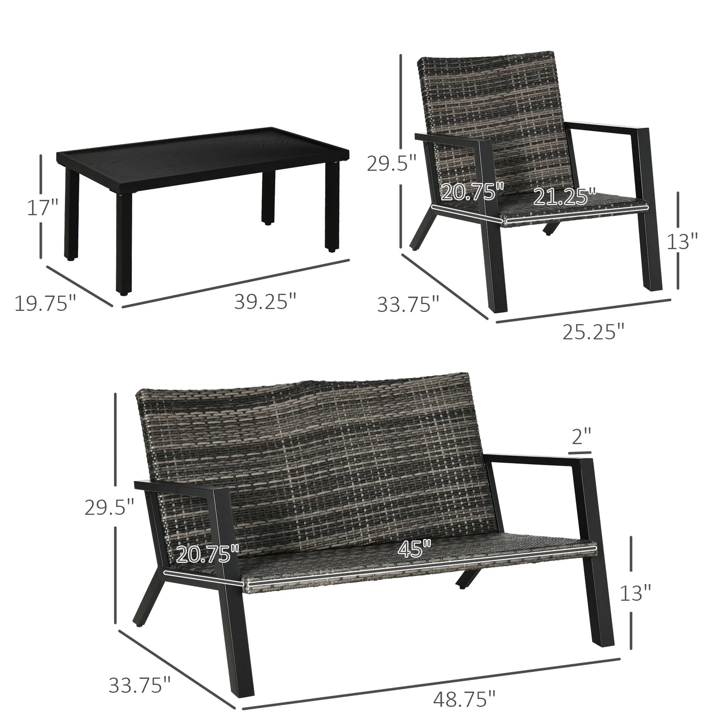 4Pc Outdoor Wicker Patio Furniture Set, Rattan Sofa, 2 Chairs, Table