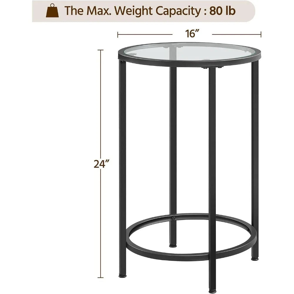 16'' Round Glass End Table with Iron Frame | Tempered Glass Top Side Table for Living Room, Holds 88 lb, 24'' Height