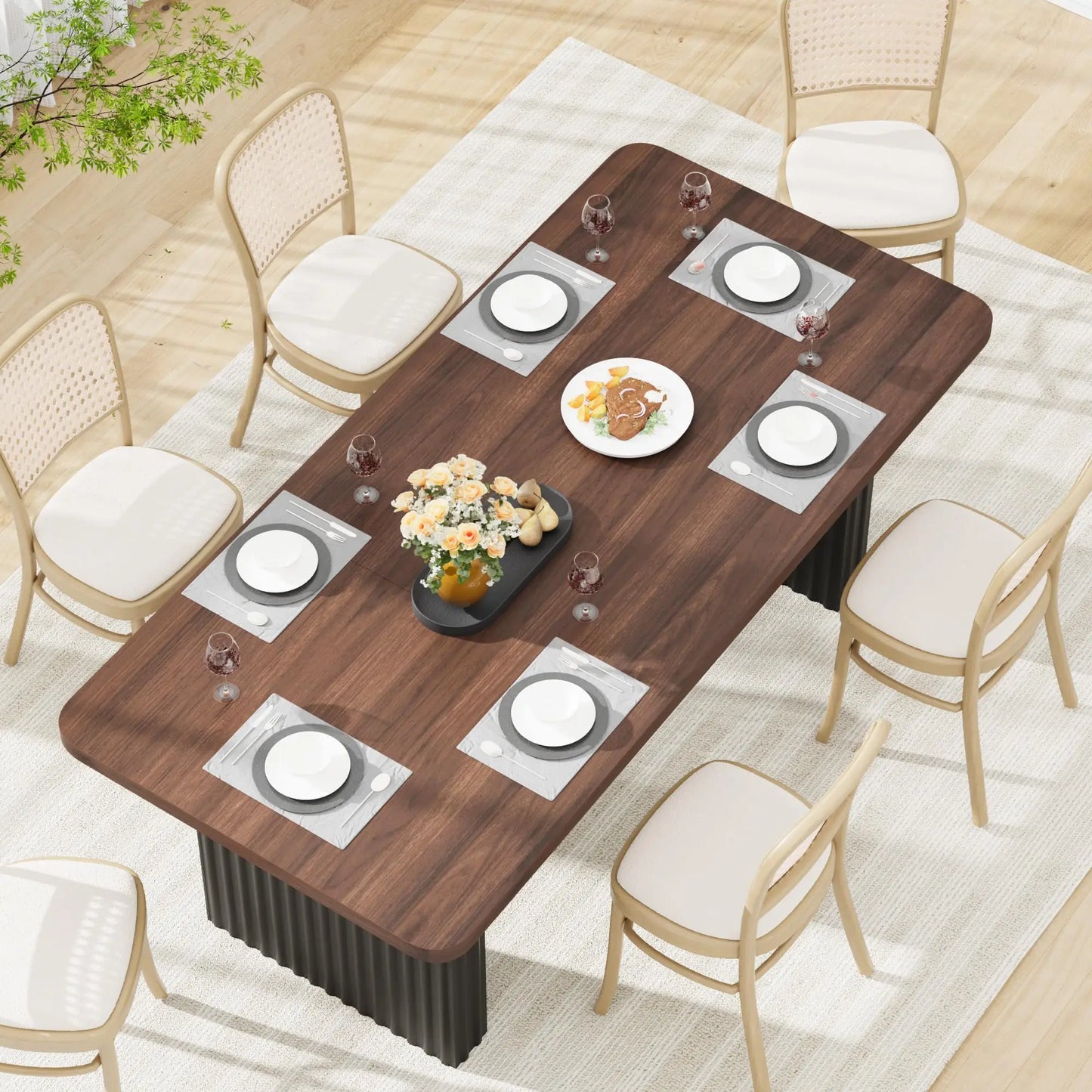 Modern Dining Table for 6-8, 71" Rectangular Farmhouse Kitchen Table with 3.6"×22.9" Black Fluted Wave Metal Legs & Wooden Top, Large Dining Table for Home Office, Dining