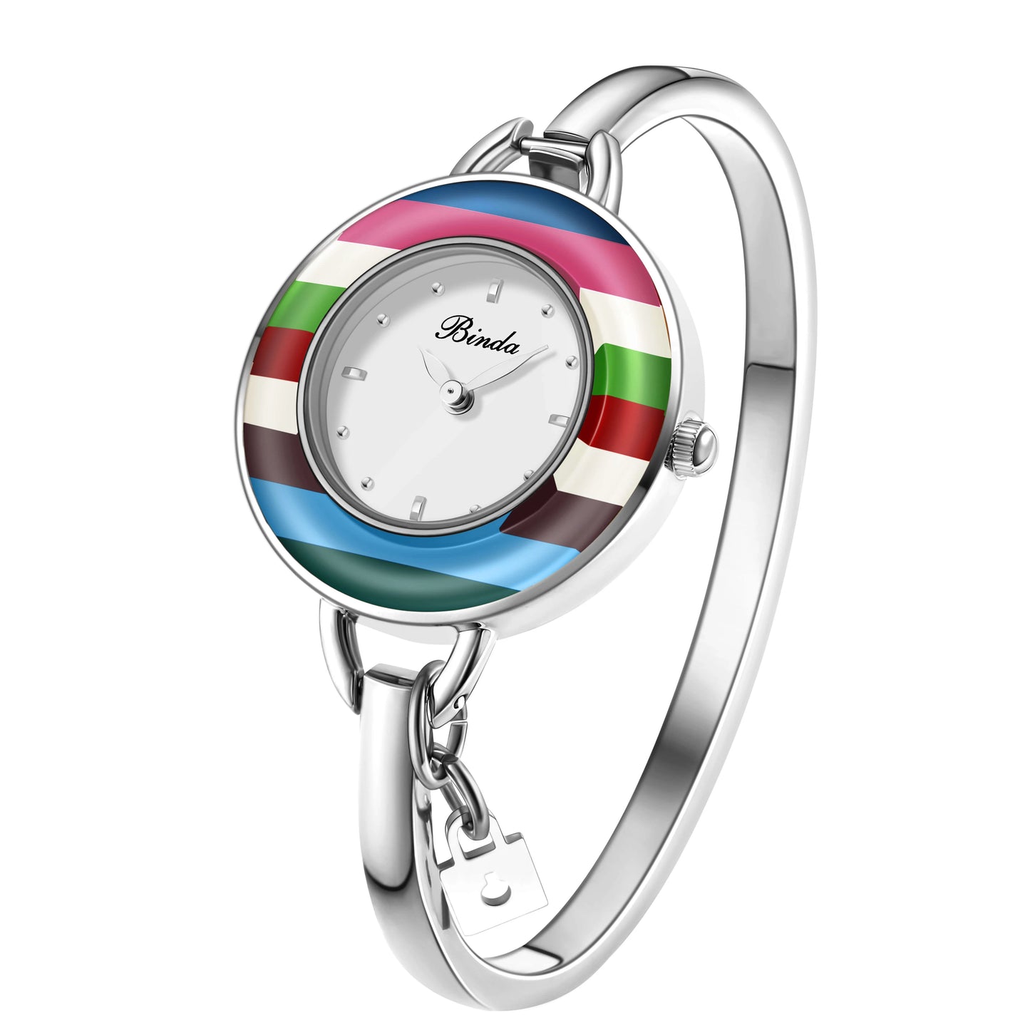 BINDA Women’s Elegant Waterproof Stainless-Steel Quartz Watch – Rainbow Gold Bracelet, Round Delicate Dial, Perfect for Daily