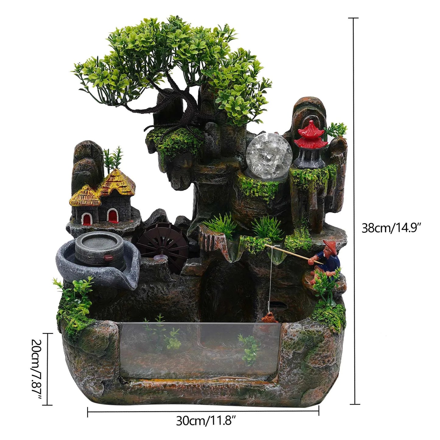 110V Resin Desktop Rockery Water Fountain Built-in Atomizer, Indoor Feng Shui Cascading Waterfall Ornament for Office Corridor Decoration