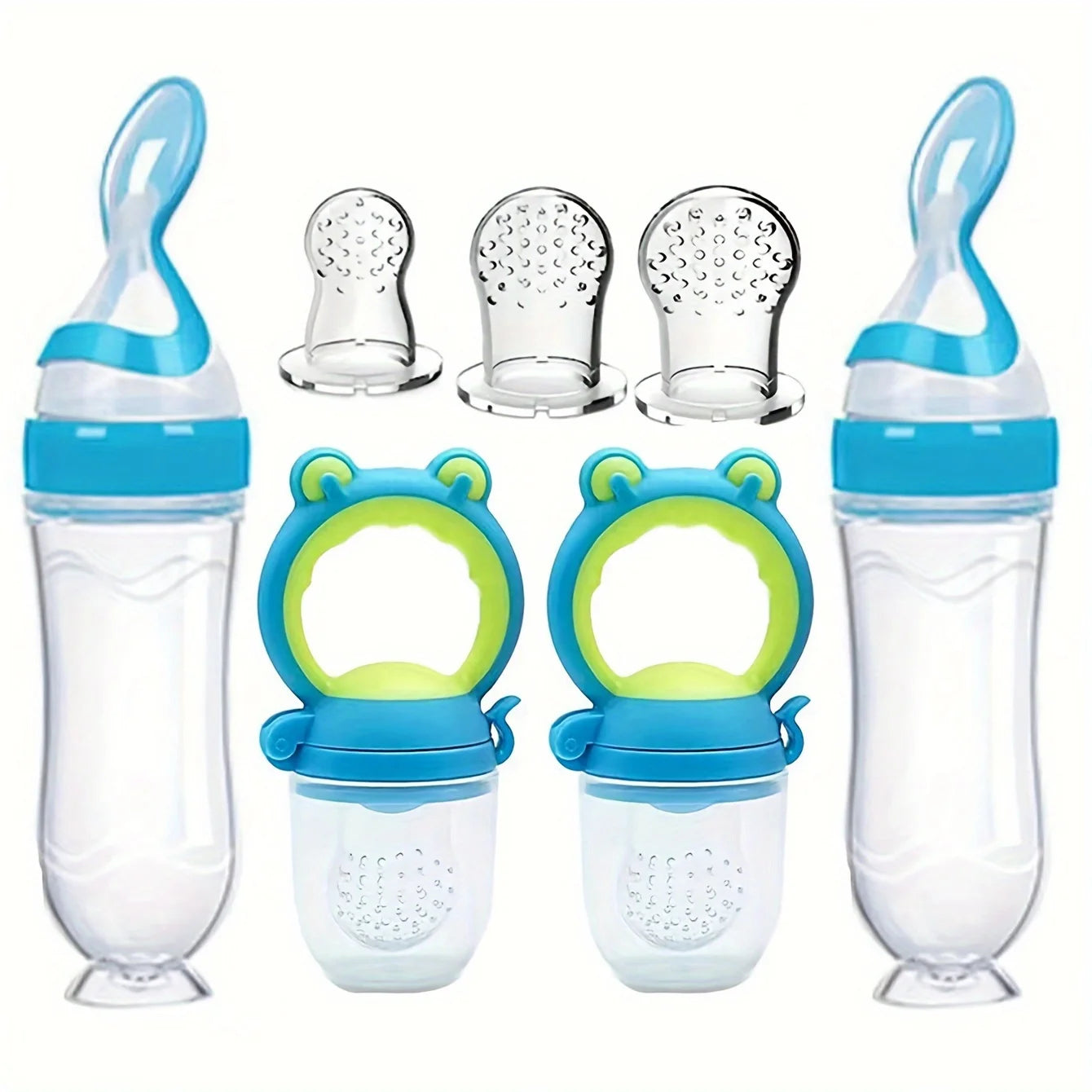 7pcs/set Baby Feeding Set: 2pcs Silicone Feeding Bottle with Spoon,Squeeze Baby Food Dispensing Feeder,2pcs Fresh Food Feeder Pacifier,3-Size Nipples, Toddler Feeding Bottle Set