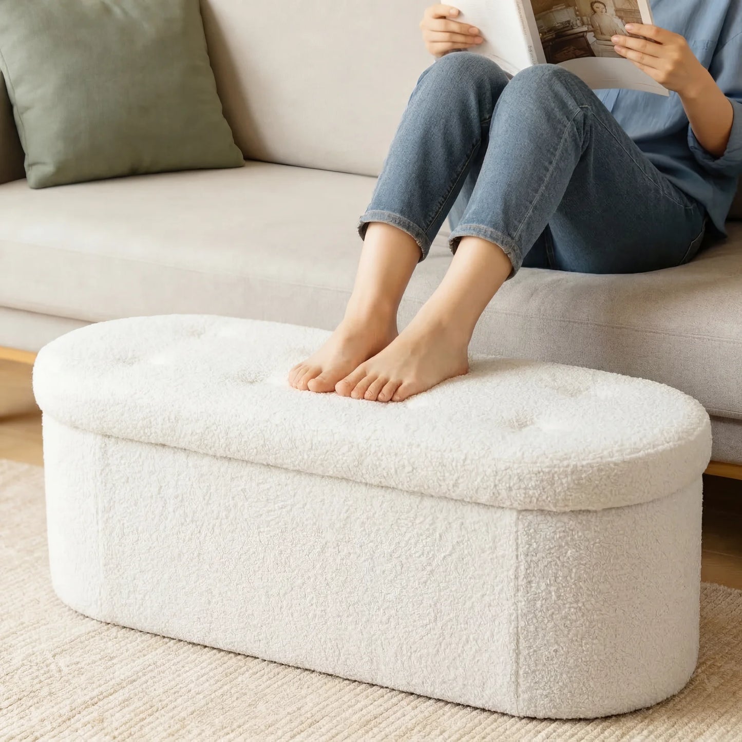 MCQ 30IN to 43IN Faux Fur Ottoman Foot Rest Stool with Storage Makeup Cute Soft Small Footstool Oval Round Folding Storage Chest for Bedroom