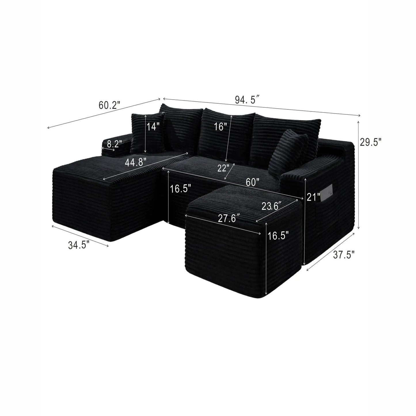 94.5" U-Shaped Sectional Sofa with Deep Seat, No Assembly Modular Cloud Couch in Corduroy Fabric with Ottoman, Space-Saving Sleeper for Living Room Bedroom Apartment
