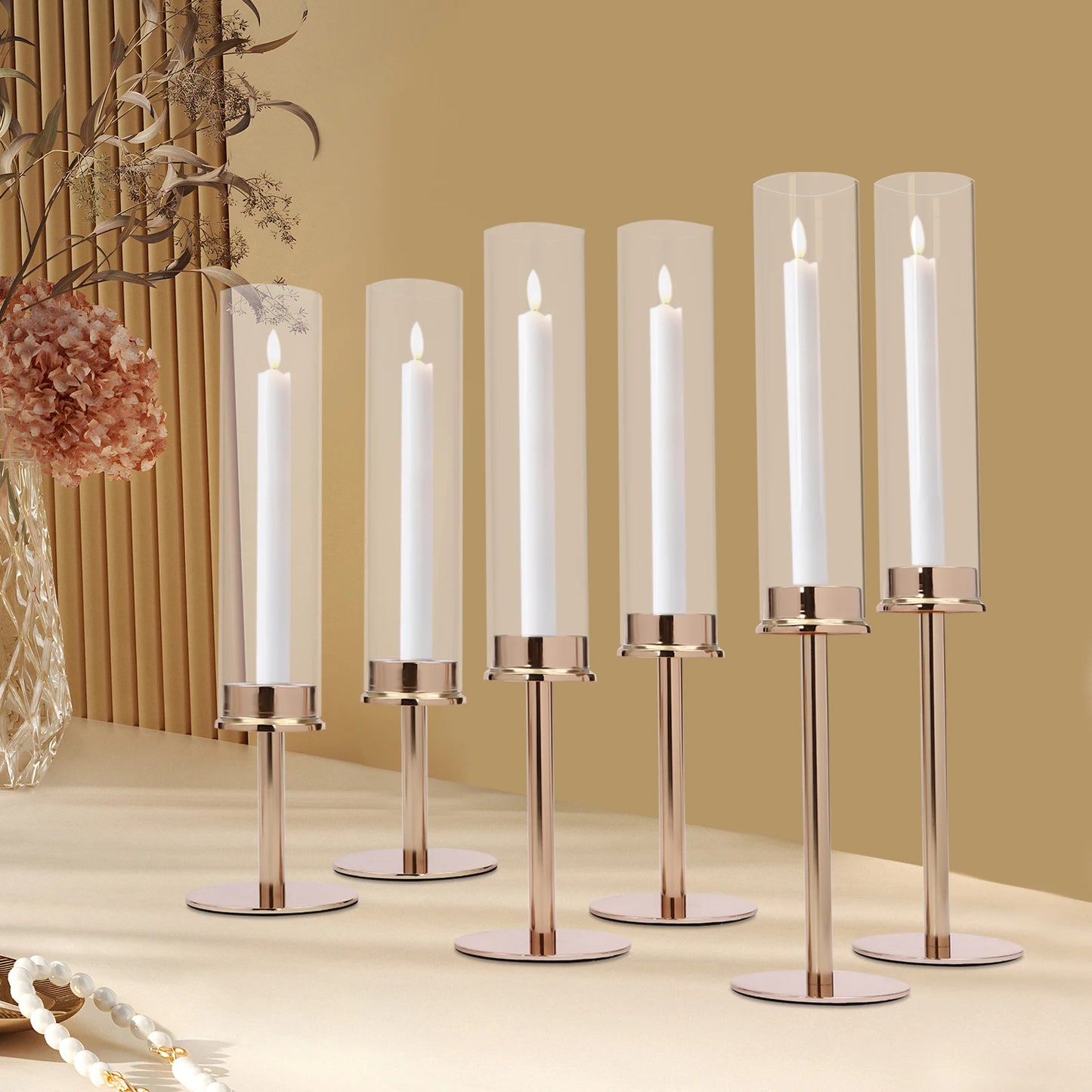 6PCS Candle Holder, Different Heights, Windproof, Gold, Decorative Glass Pillar Candle Holders for Home, Wedding, Party, Dinner