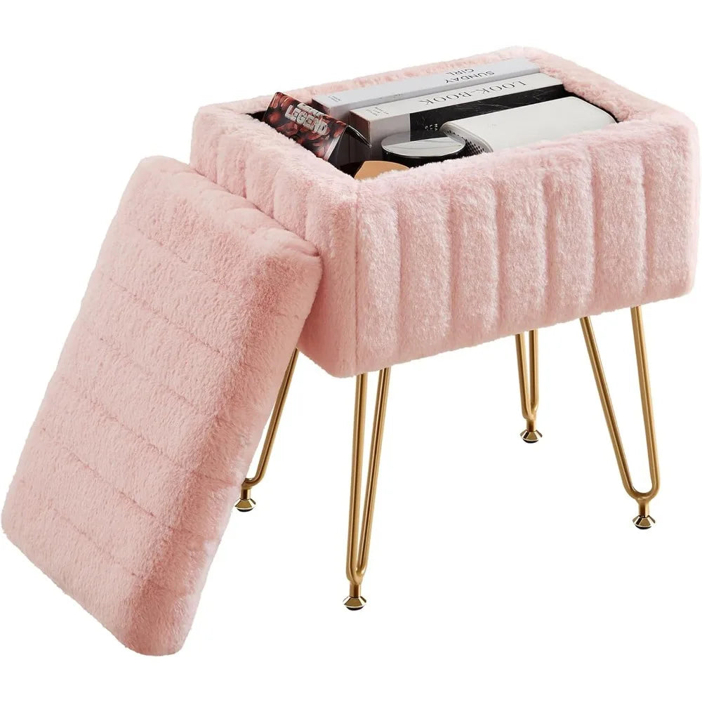Vanity Stool with Hidden Storage Soft Faux Fur Seat Metal Legs Adjustable Feet for Dressing Room Bedroom Dorm