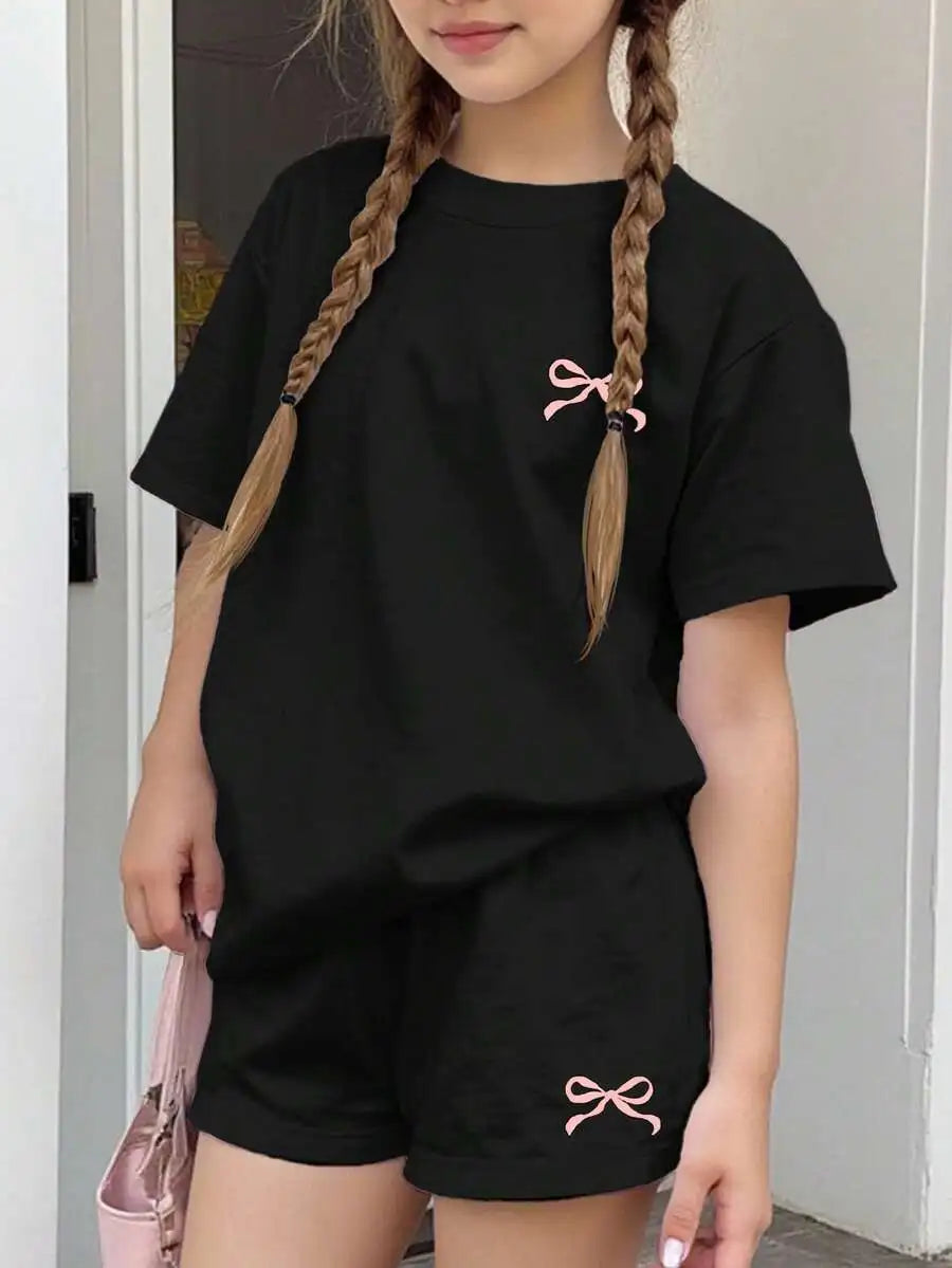 Womens Cherry Bow Print Short Sleeve T-Shirt And Plaid Shorts 2-Piece Set Summer Casual Streetwear Outfit