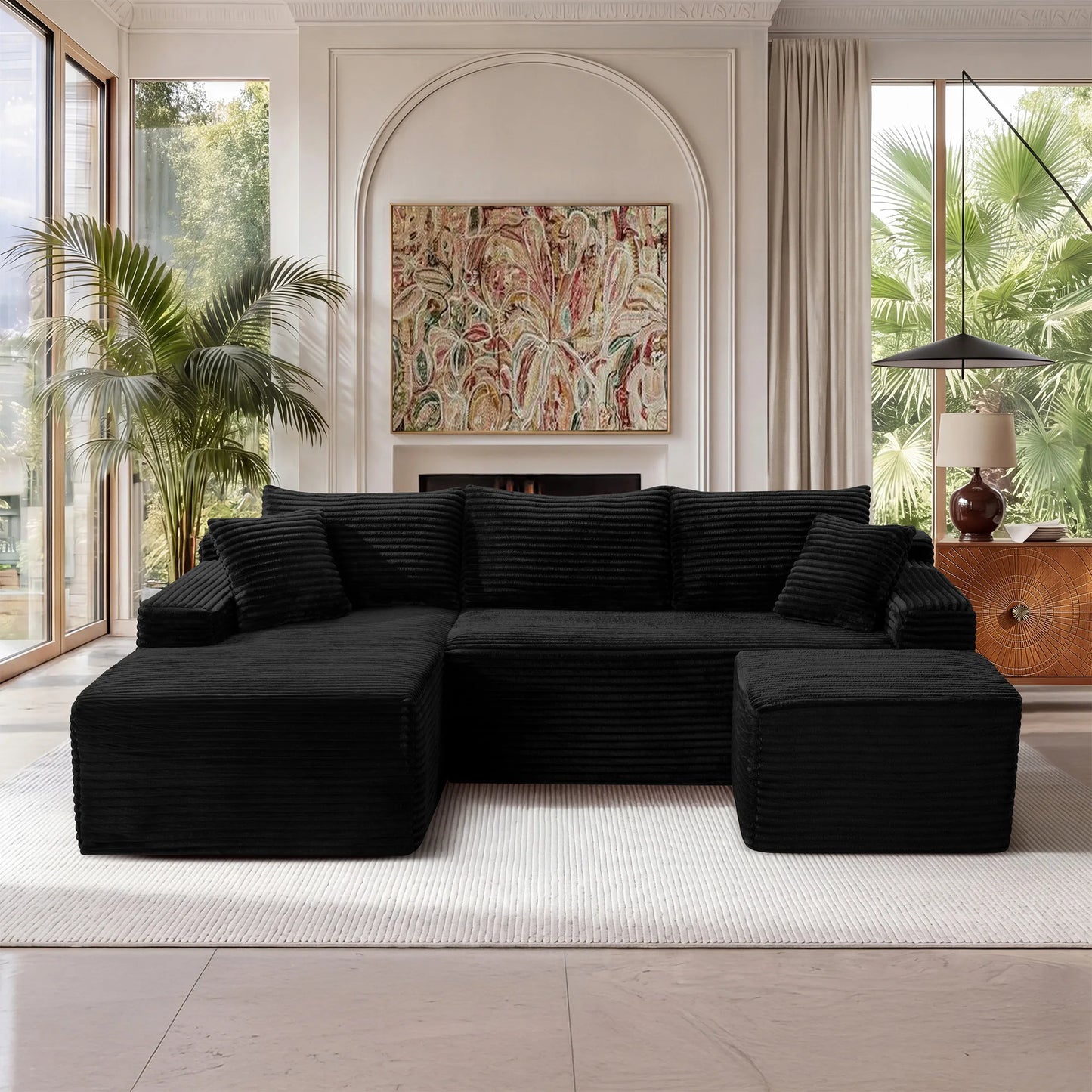 94.5" U-Shaped Sectional Sofa with Deep Seat, No Assembly Modular Cloud Couch in Corduroy Fabric with Ottoman, Space-Saving Sleeper for Living Room Bedroom Apartment