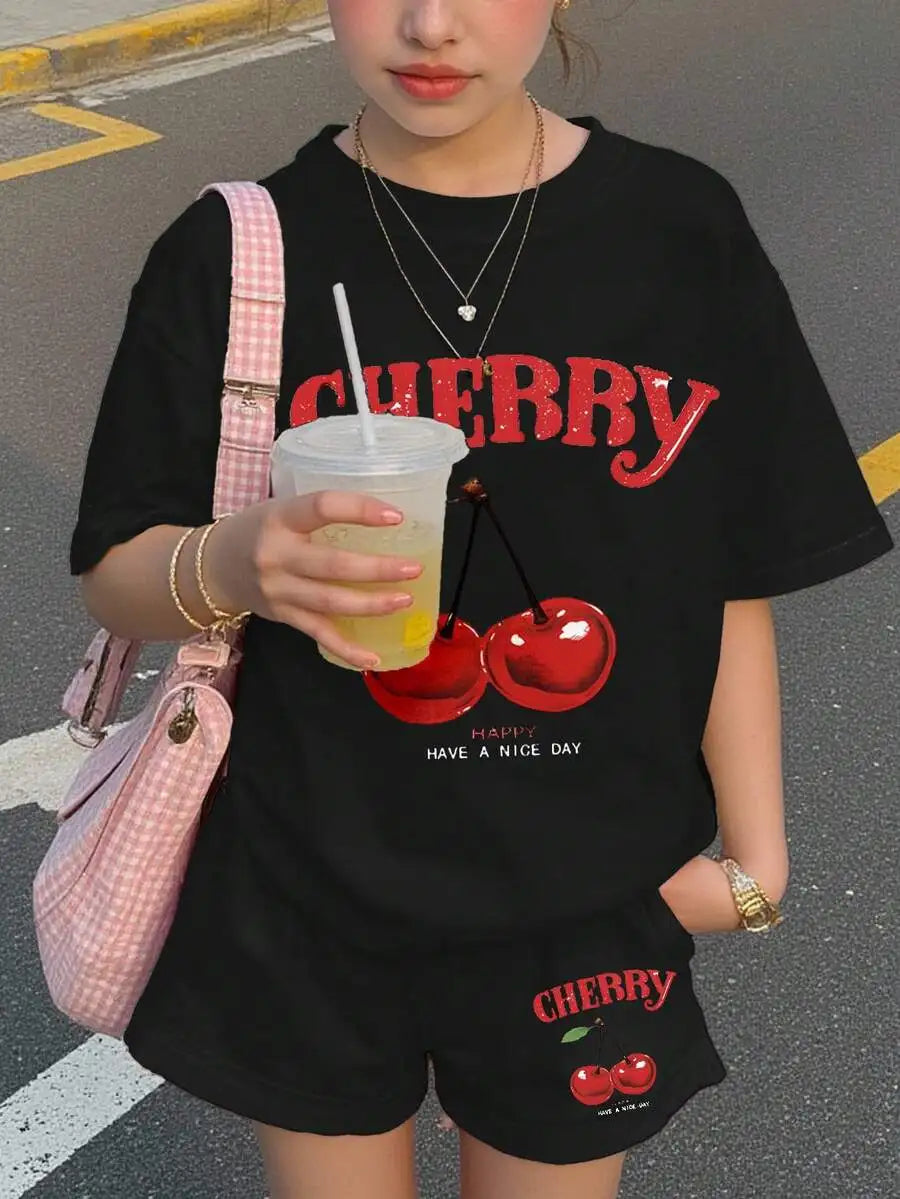 Womens Cherry Bow Print Short Sleeve T-Shirt And Plaid Shorts 2-Piece Set Summer Casual Streetwear Outfit