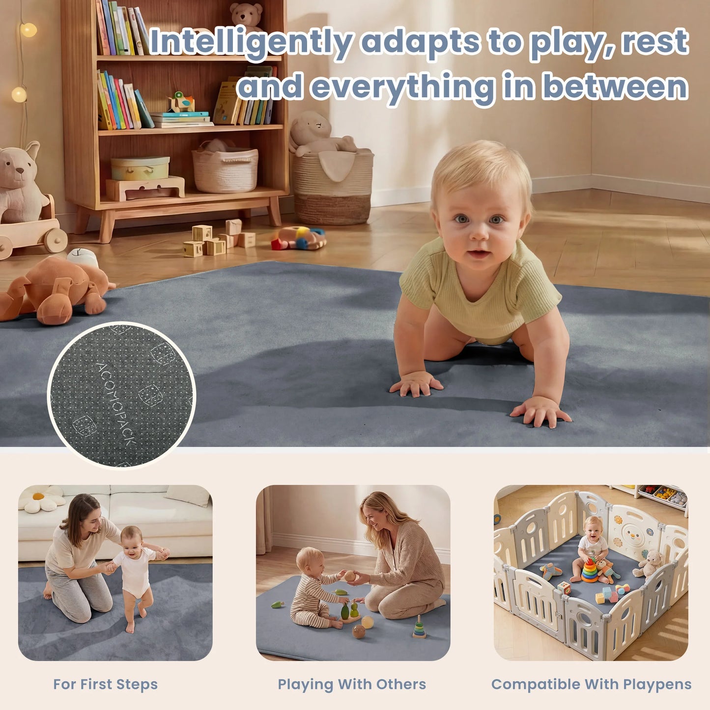 2cm Thick Baby Play Mat for Tummy Time Memory Foam Carpet Large Crawling Soft Velvet Non-Slip Nursery Rug for Floor Kids