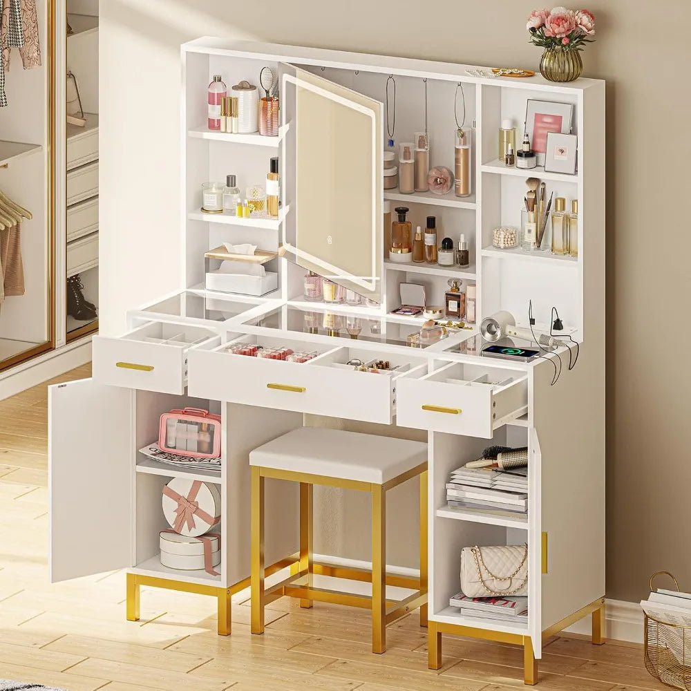White Vanity Desk, Openable Light Mirror & Glass Tabletop, Charging Station Makeup Dressing Table, Custom